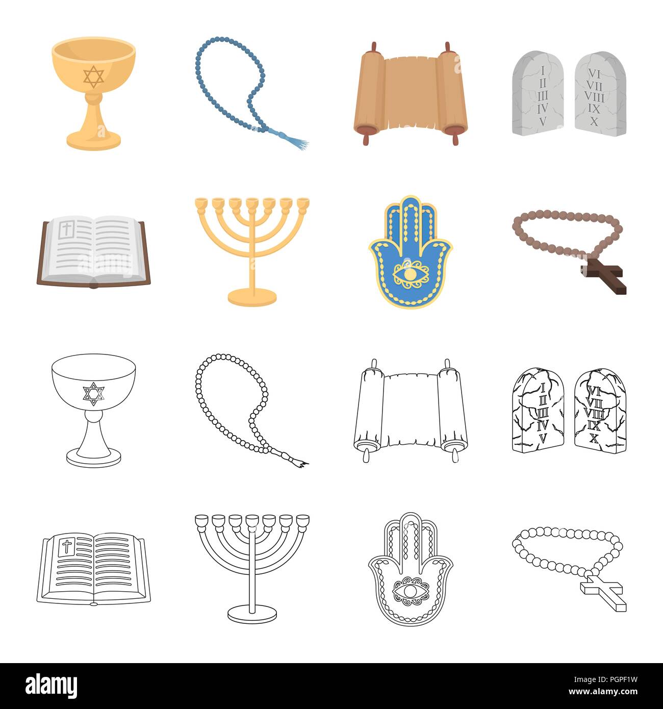 Bibel und Menora, Hamsa, orthodoxes Kreuz. die Religion set Sammlung Icons im Cartoon, Outline style Vektor Symbol lieferbar Abbildung. Stock Vektor