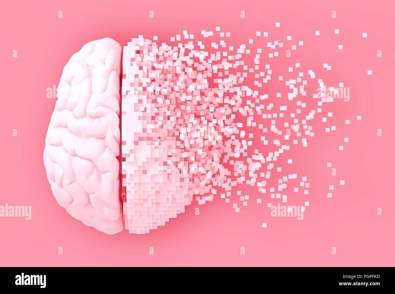 Desintegration der digitalen Gehirn auf Rosa Hintergrund. 3D-Darstellung. Stockfoto