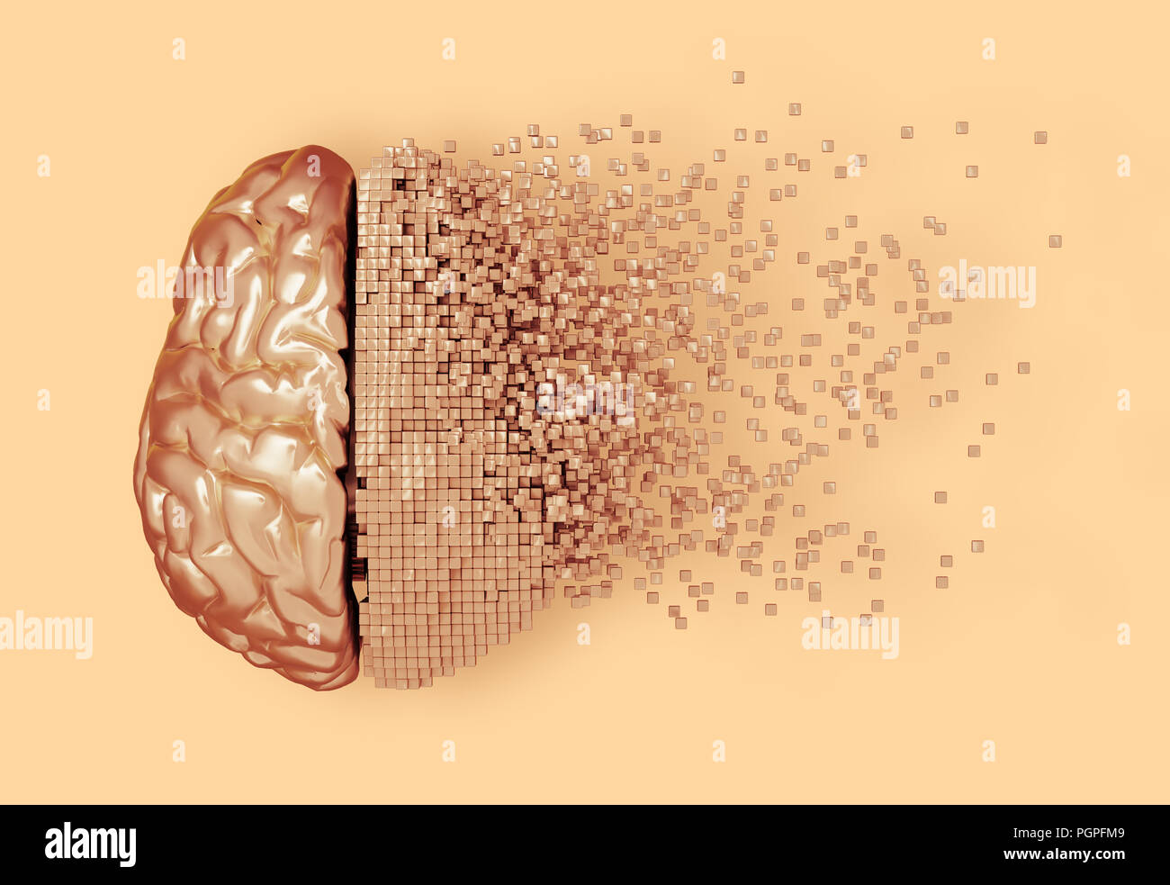 Desintegration der digitalen Gehirn auf Pfirsich Hintergrund. 3D-Darstellung. Stockfoto