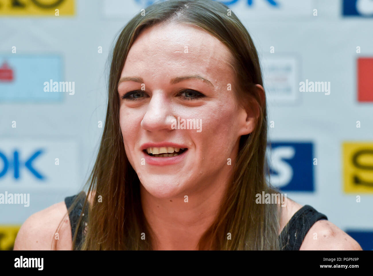 Tschechische Athlet Simona Vrzalova spricht während einer Pressekonferenz vor der IAAF Continental Cup Ostrava 2018, am 28. August 2018, in Prag, Tschechische Republik. Der Cup wird am 8./9. September statt. (CTK Photo/Vit Simanek) Stockfoto