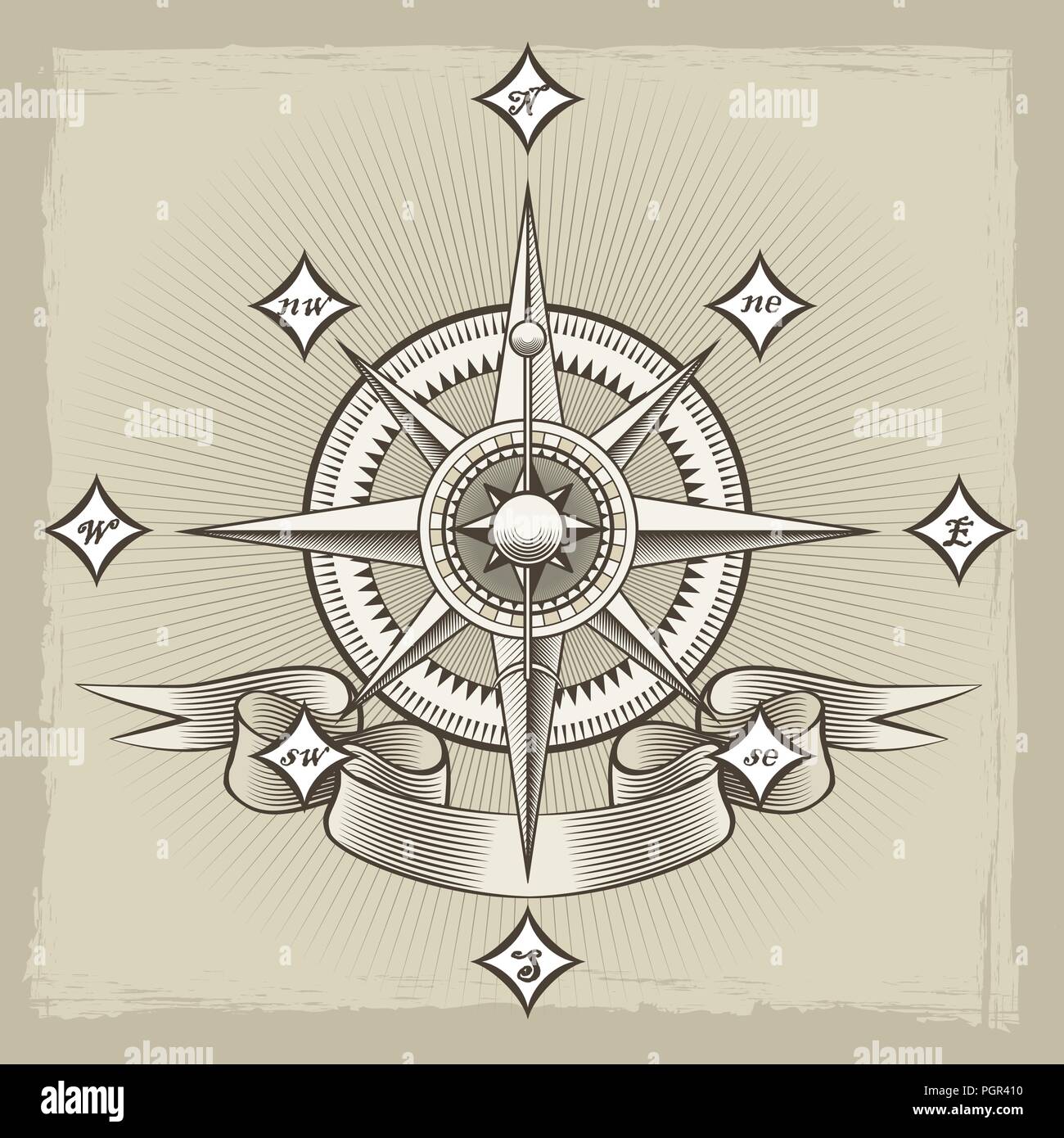 Retro Compass Rose in Gravur Stil gezeichnet. Vector Illustration. Stock Vektor