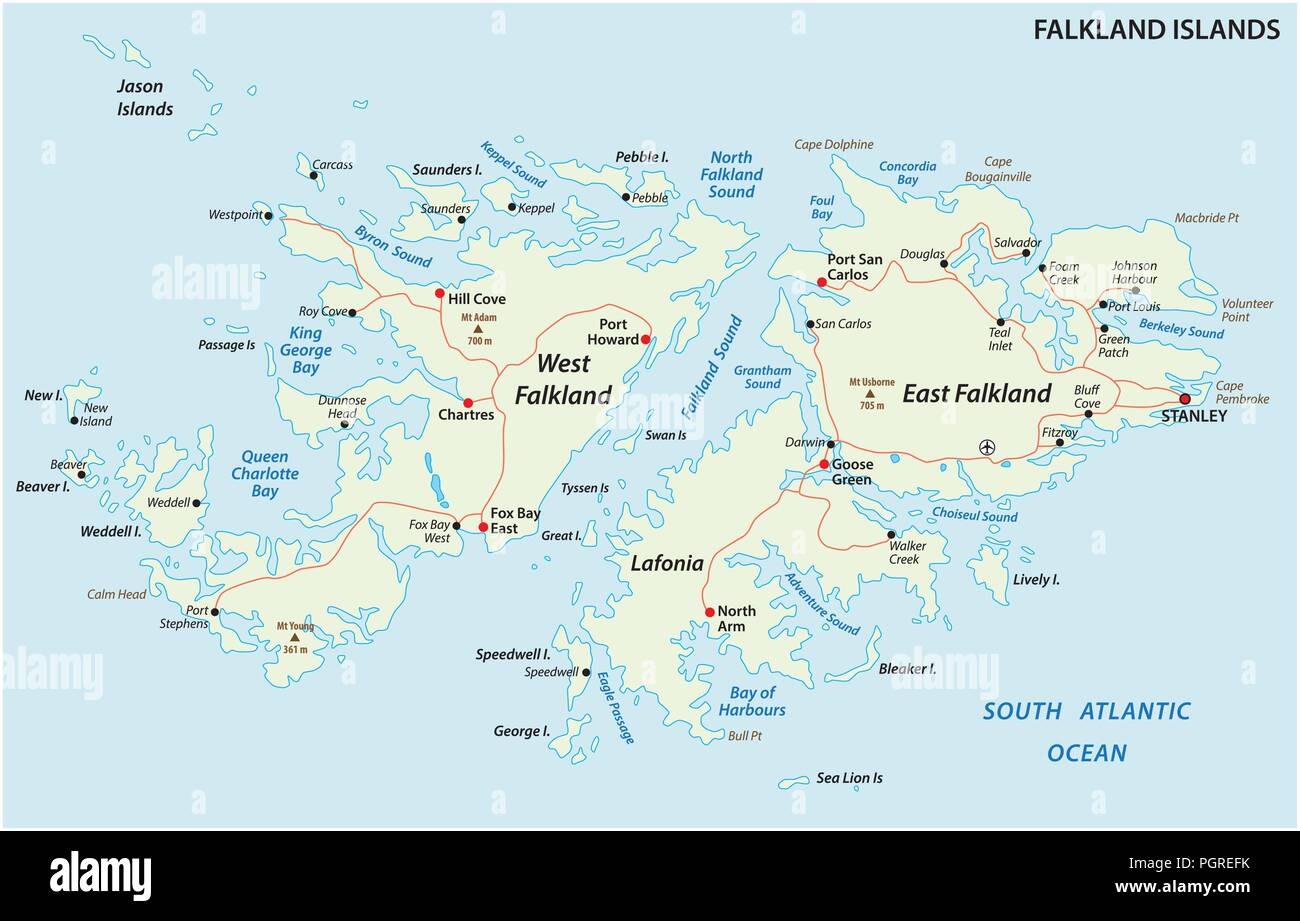 Die Falkland Inseln, auch Malvinas, politischen Vektor road map. Stock Vektor