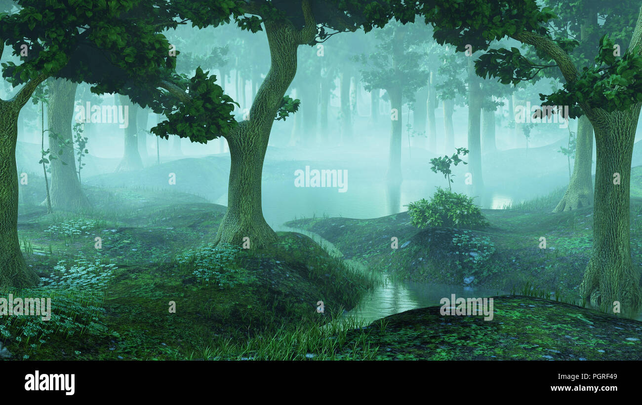 Magische und neblig Fantasy Forest mit Teichen Stockfoto