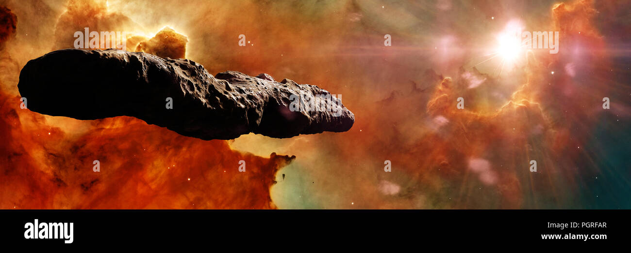 Oumuamua Kometen, interstellaren Objekt durch das Sonnensystem, ungewöhnlich geformten Asteroiden (3d-raum Abbildung Banner) Stockfoto