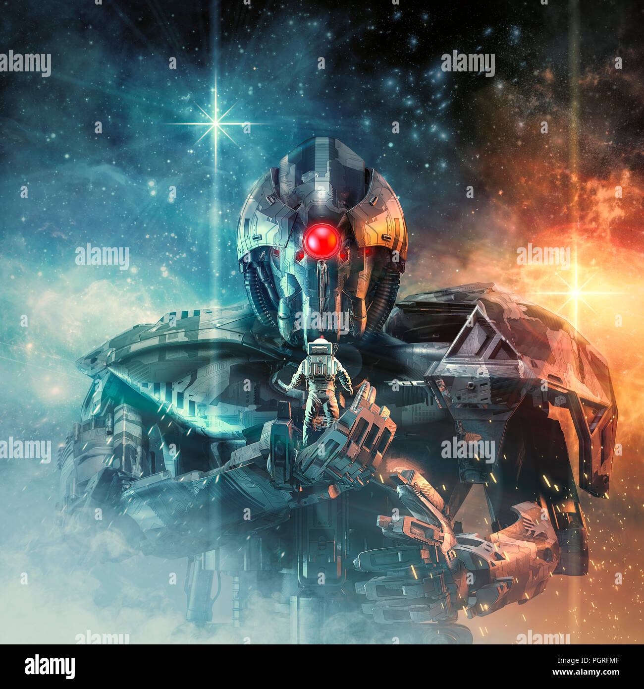 Publikum mit dem Titan/3D-Darstellung der science fiction Szene mit riesigen Roboter holding Astronaut in der Palme der Hand Stockfoto