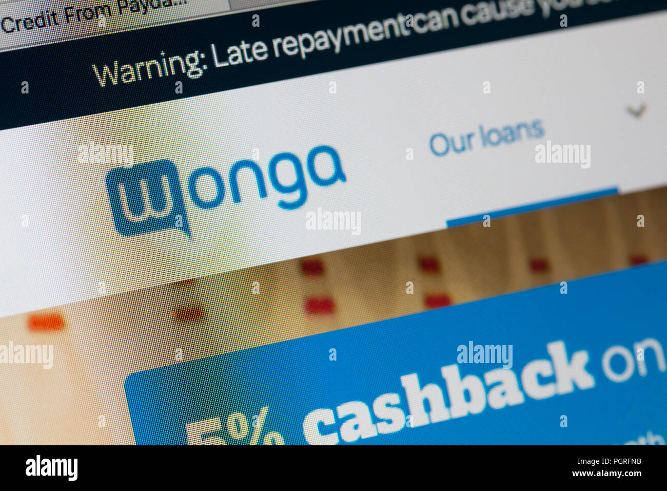 LONDON, Großbritannien - 28 August 2018: Wonga Zahltag Kreditgeber Logo auf einem PC-Bildschirm. Wonga ist ein Zahltag Darlehen Unternehmen Kurzfristige, hohe Kosten. Stockfoto