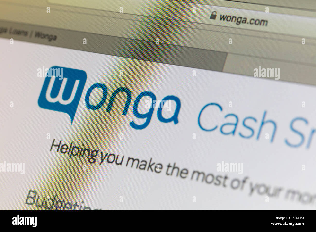 LONDON, Großbritannien - 28 August 2018: Wonga Zahltag Kreditgeber Logo auf einem PC-Bildschirm. Wonga ist ein Zahltag Darlehen Unternehmen Kurzfristige, hohe Kosten. Stockfoto