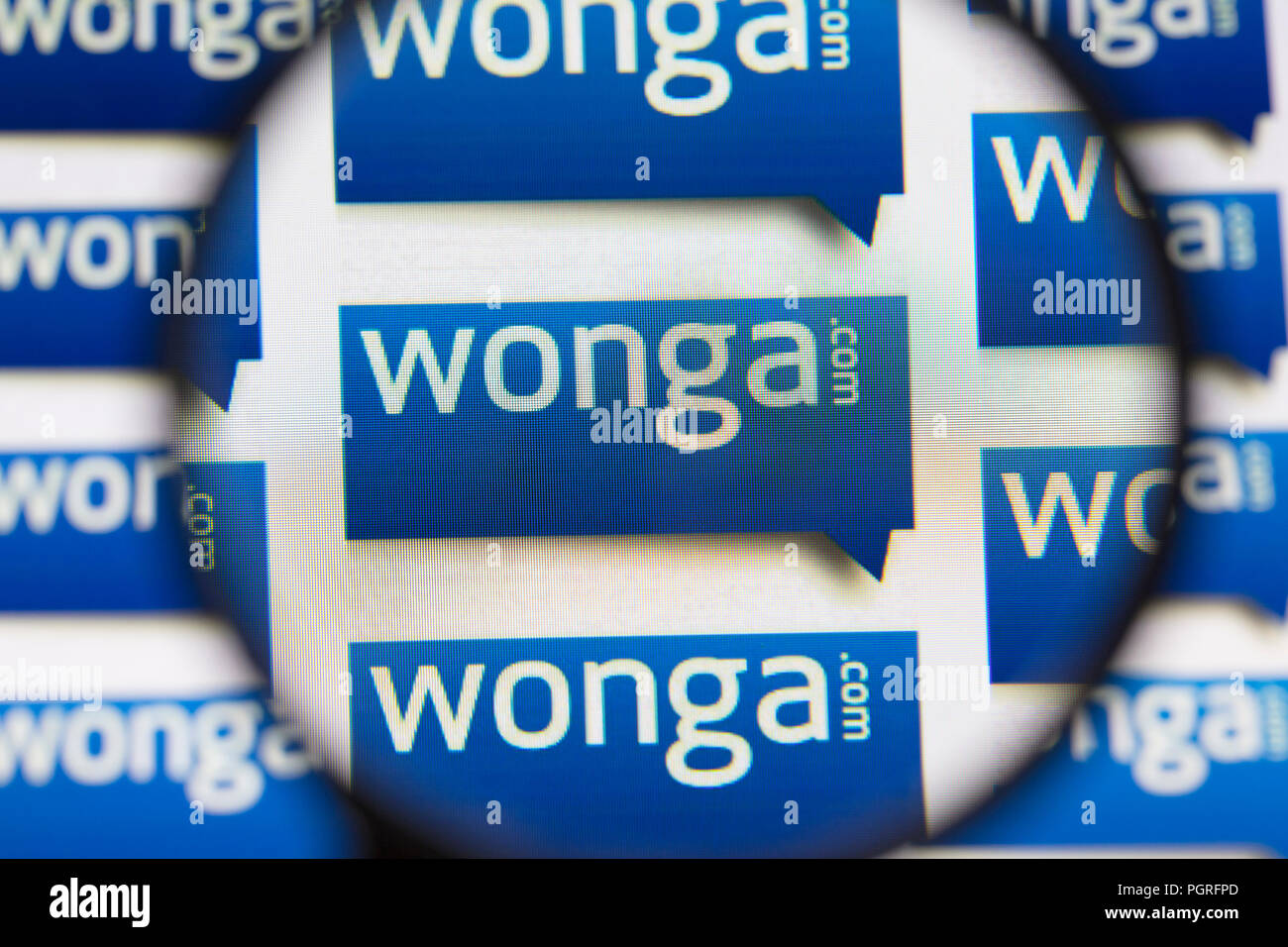 LONDON, Großbritannien - 28 August 2018: Wonga Zahltag Kreditgeber Logo auf einem PC-Bildschirm. Wonga ist ein Zahltag Darlehen Unternehmen Kurzfristige, hohe Kosten. Stockfoto