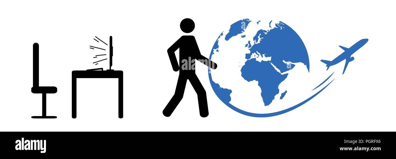 Mann verlässt Arbeitsplatz für unterwegs Piktogramm Vektor-illustration EPS 10. Stock Vektor
