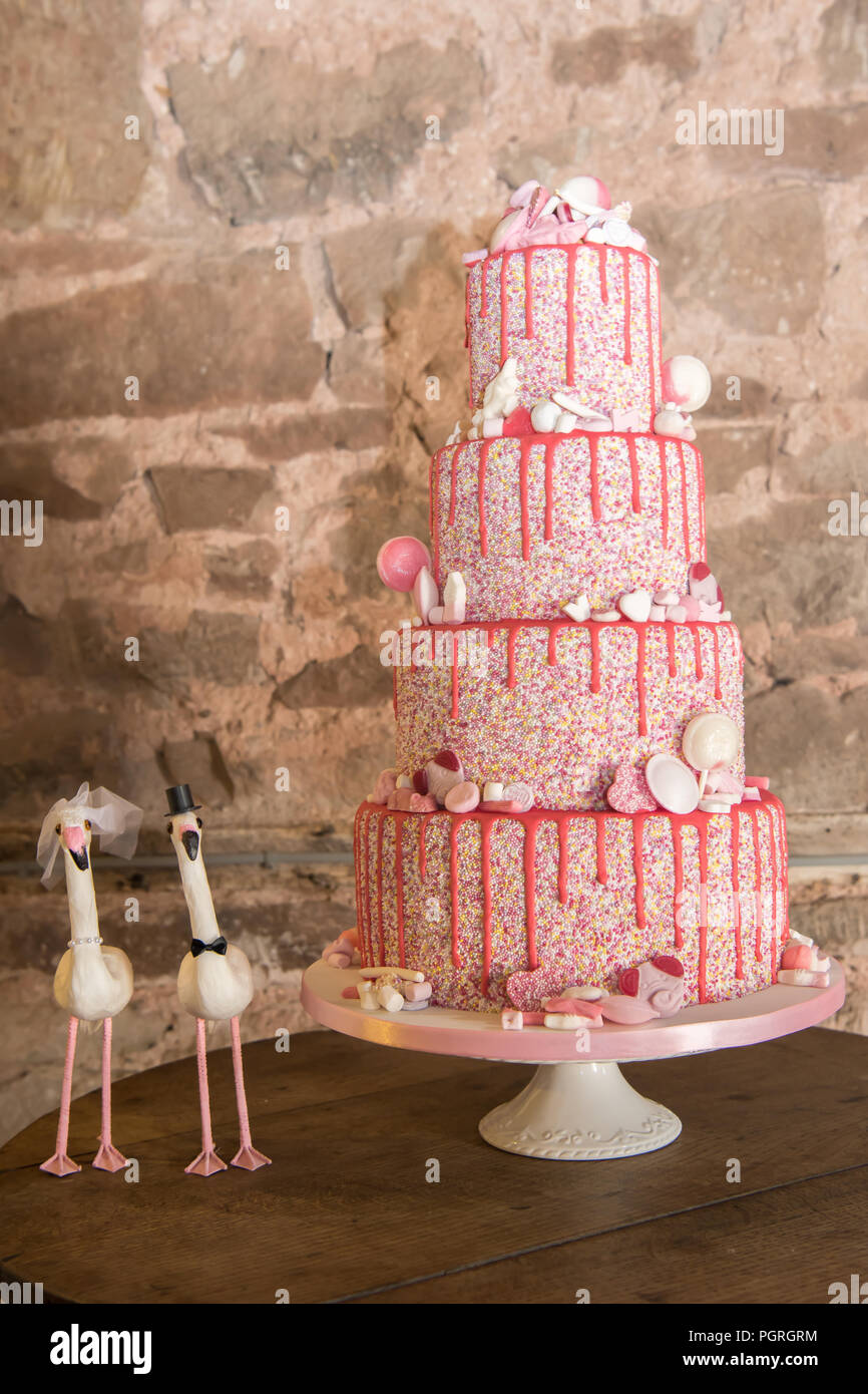 Rosa Neuheit tiered Hochzeitstorte Stockfoto