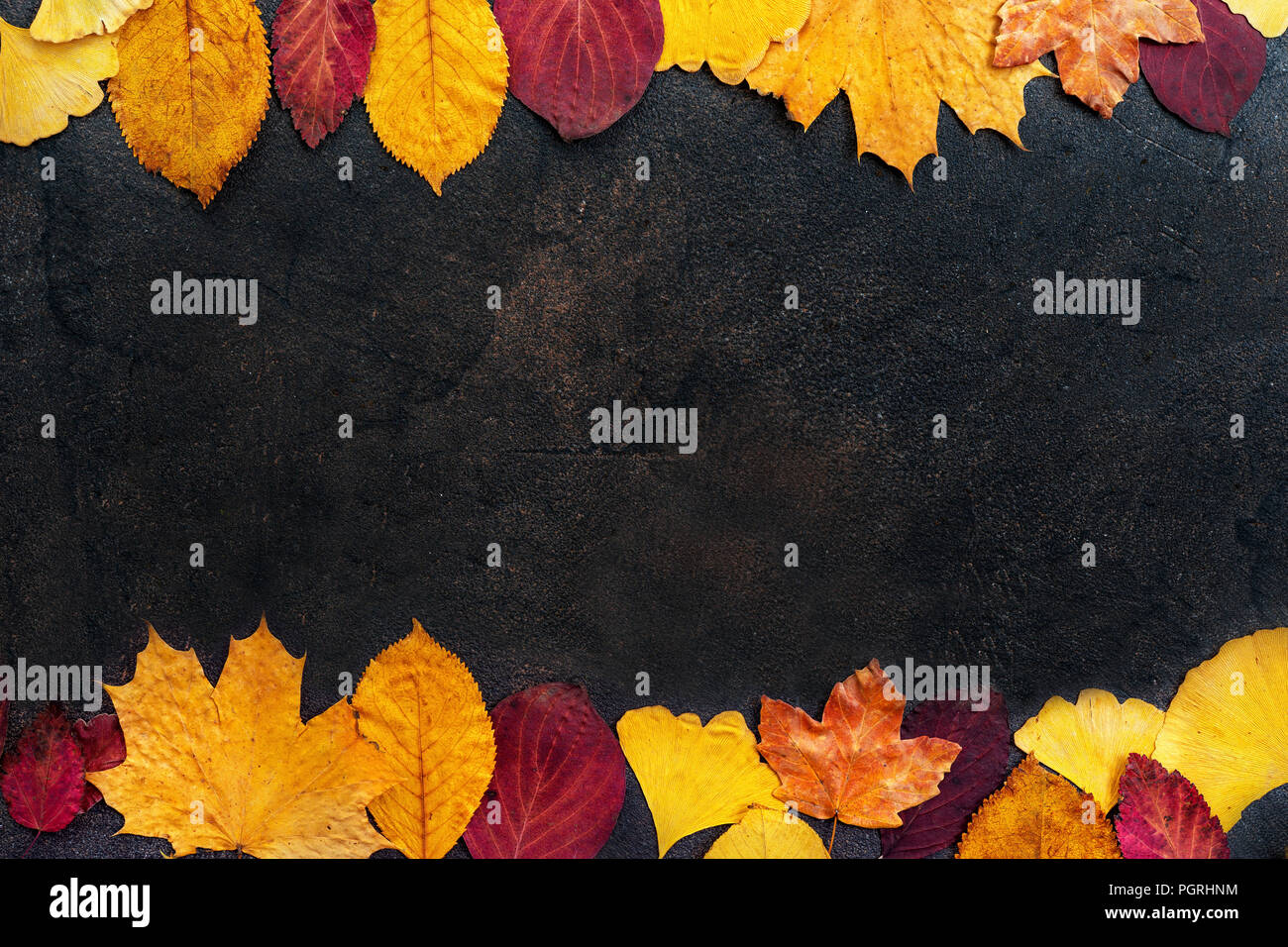 Blick von oben auf die Blätter im Herbst auf dunklem Hintergrund Stockfoto