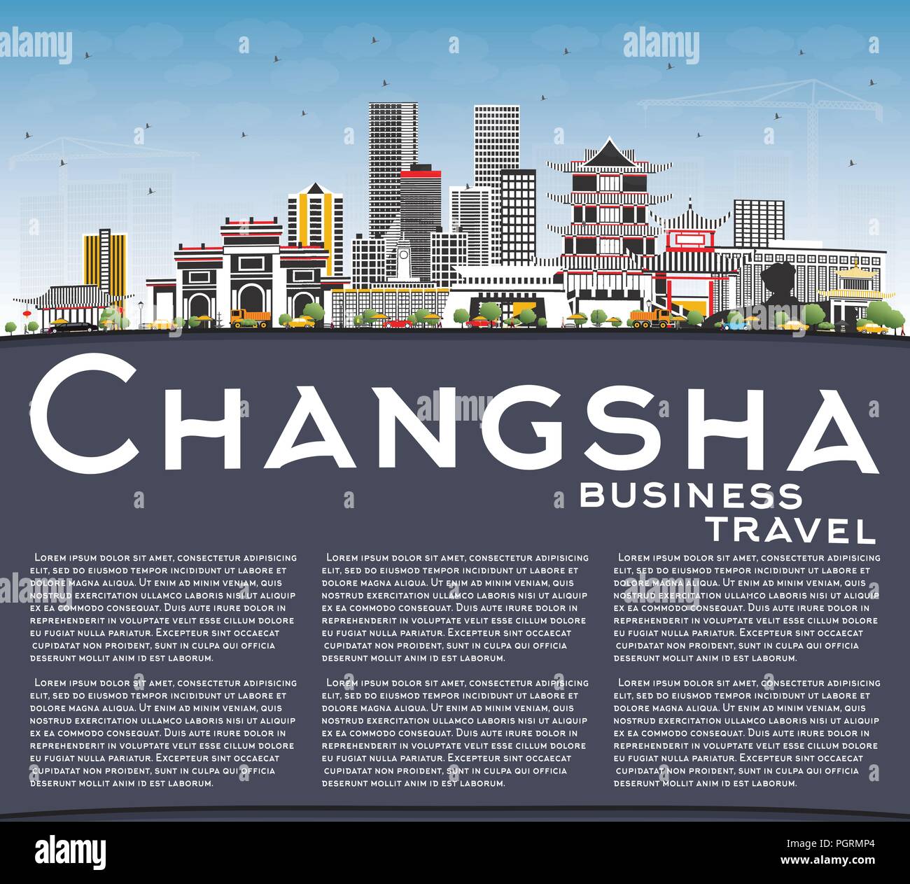 Changsha China City Skyline mit grauen Gebäude, blauer Himmel und Kopieren. Vector Illustration. Business Travel und Tourismus Konzept Stock Vektor