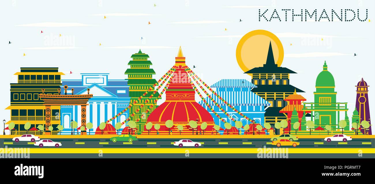 Kathmandu Nepal Skyline der Stadt mit Gebäuden und blauer Himmel. Vector Illustration. Business Travel und Tourismus Konzept mit historischer Architektur. Stock Vektor