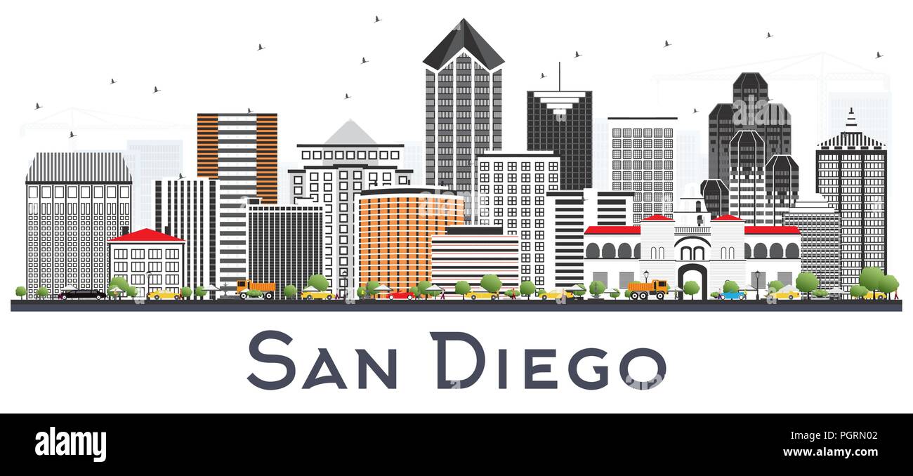 San Diego California City Skyline mit grauen Gebäude isoliert auf Weiss. Vector Illustration. Stock Vektor