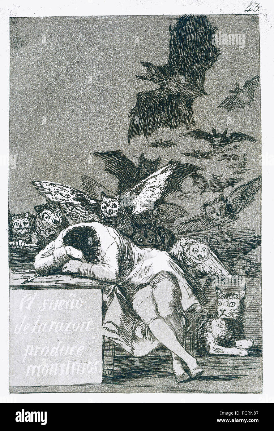 El Sueño De La Razon Monstruos produzieren - Der Traum der Vernunft gebiert Ungeheuer. Von Francisco de Goya, Nummer 43 aus seiner Serie Los Caprichos Stockfoto