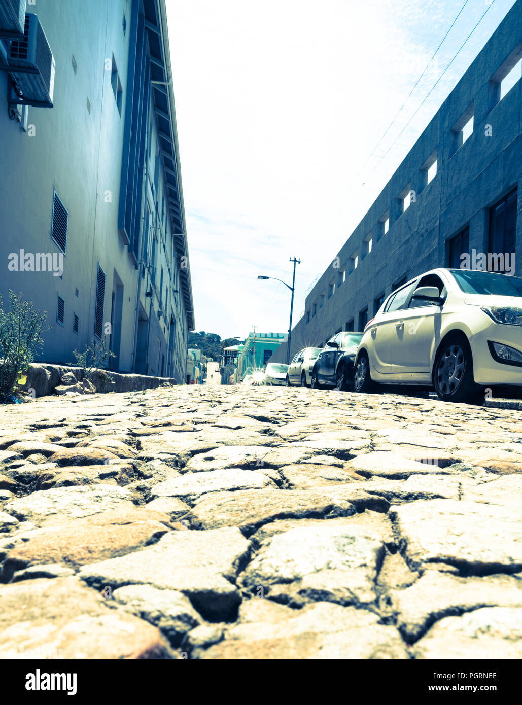 Low Angle View der gepflasterten Straße in Kapstadt, Südafrika Stockfoto