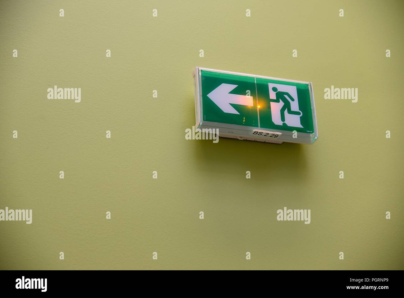 Ausfahrt: eine Ausfahrt mit einem Richtungspfeil und internen Notbeleuchtung auf einer Ebene grün gestrichene Wand Stockfoto