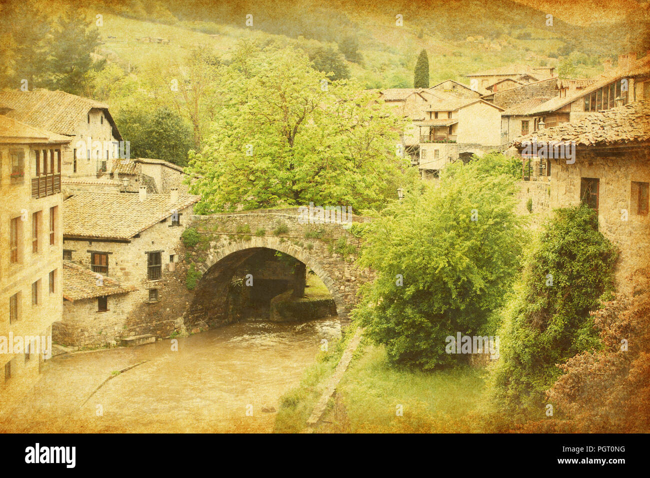 Alte Brücke in San Sebastián, Spanien. Foto im Retro-Stil. Hinzugefügt Papier Textur Stockfoto