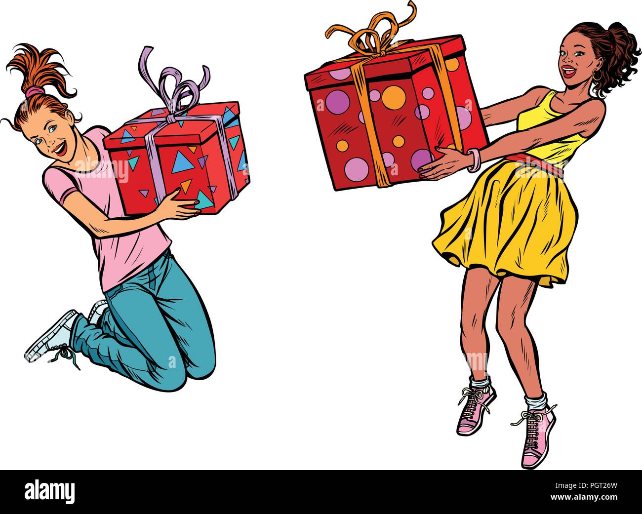 Zwei Mädchen Freude mit Geschenken Stock Vektor
