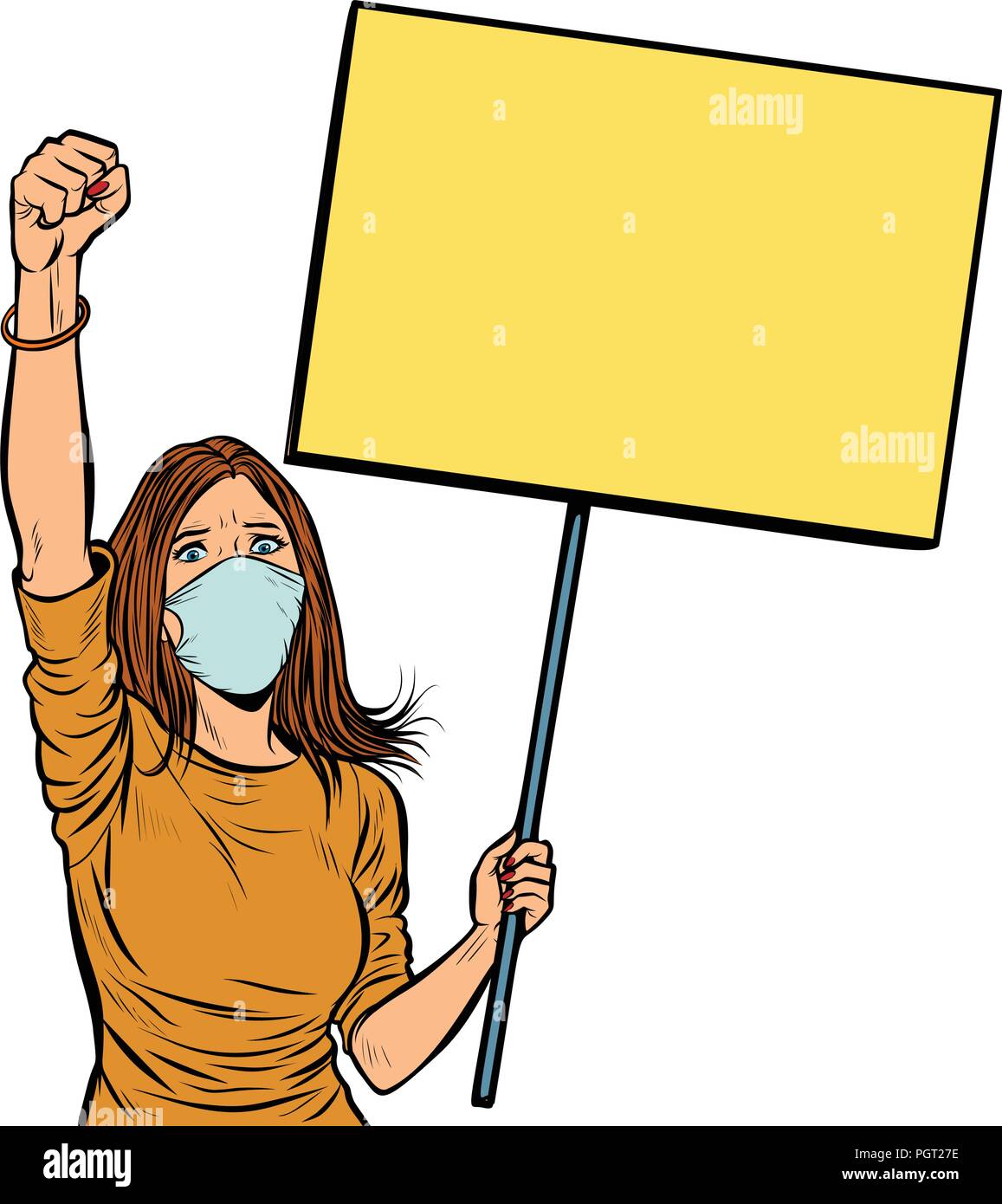 Frau in der medizinischen Maske Proteste mit einem Plakat. Isolieren auf Weiß b Stock Vektor