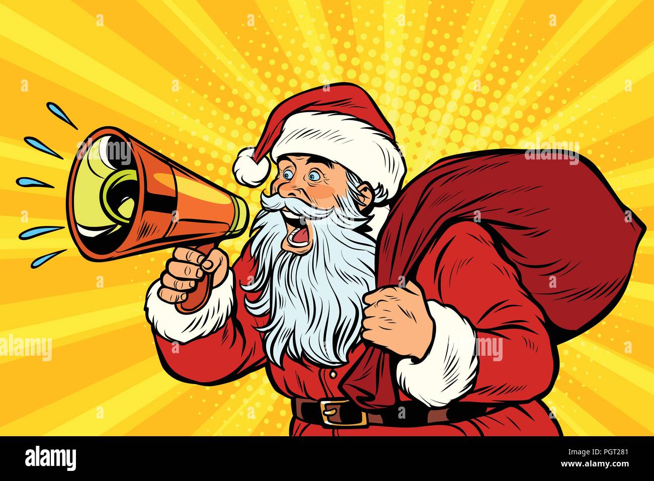 Pop Art Santa Claus mit Megafon Stock Vektor