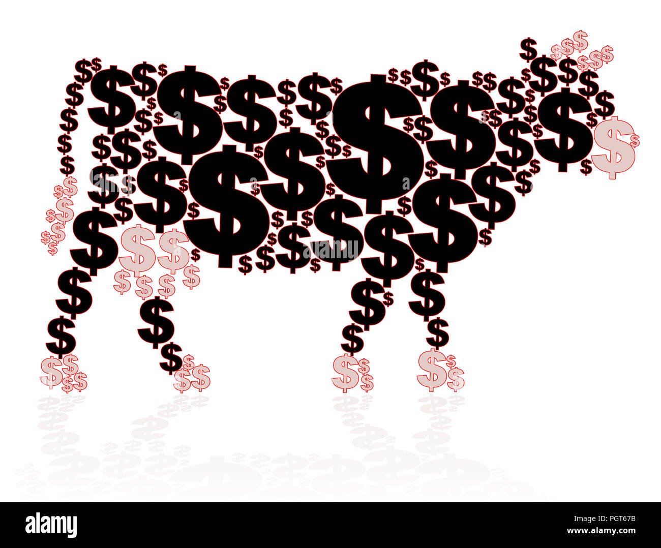 CASH COW, business Metapher, Dollar, eine Kuh Form - Abbildung auf weißen Hintergrund. Stockfoto