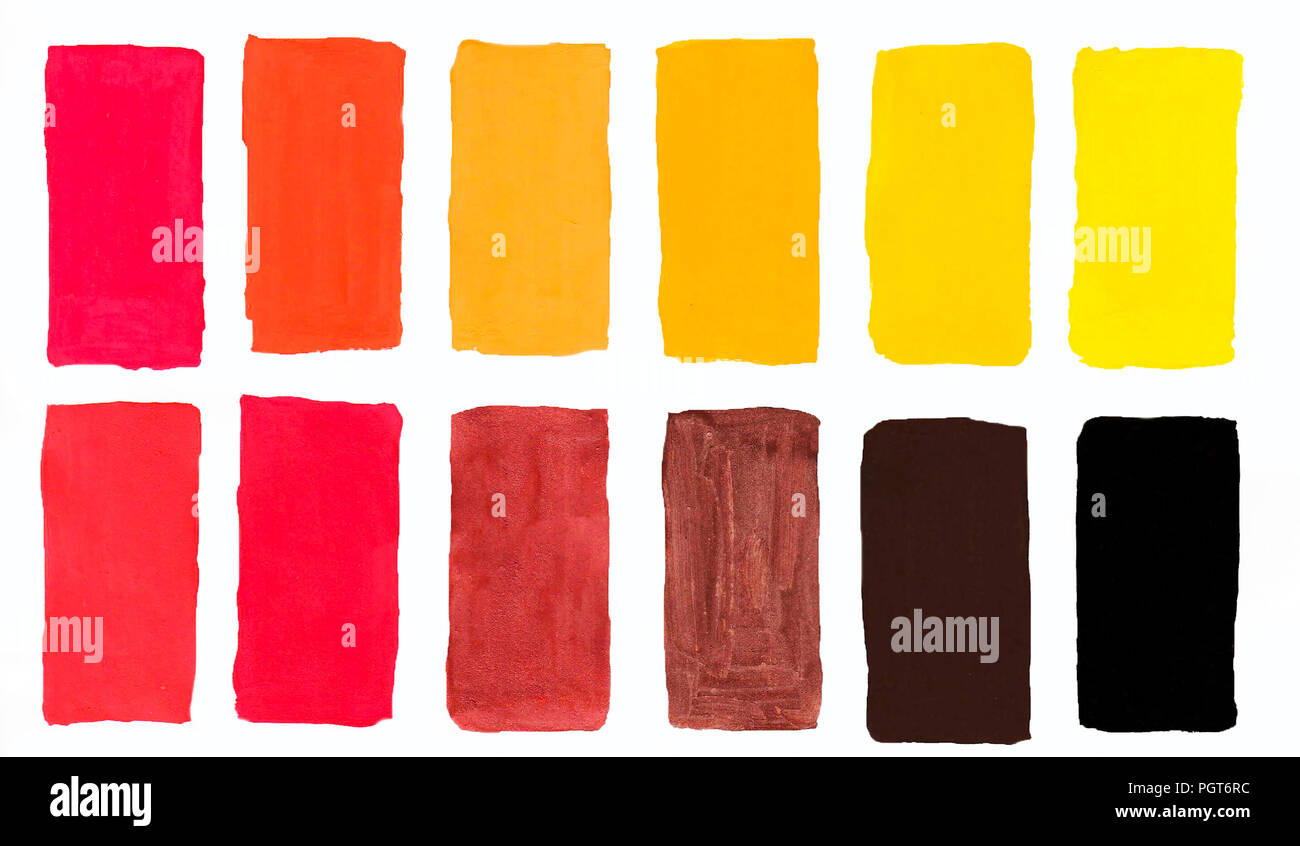 Palette von warmen Farben Aquarell, Palette der gouache, alle Farben des Regenbogens Liste der Farben Quadrate, Aquarell Farben auf Papier Stockfoto