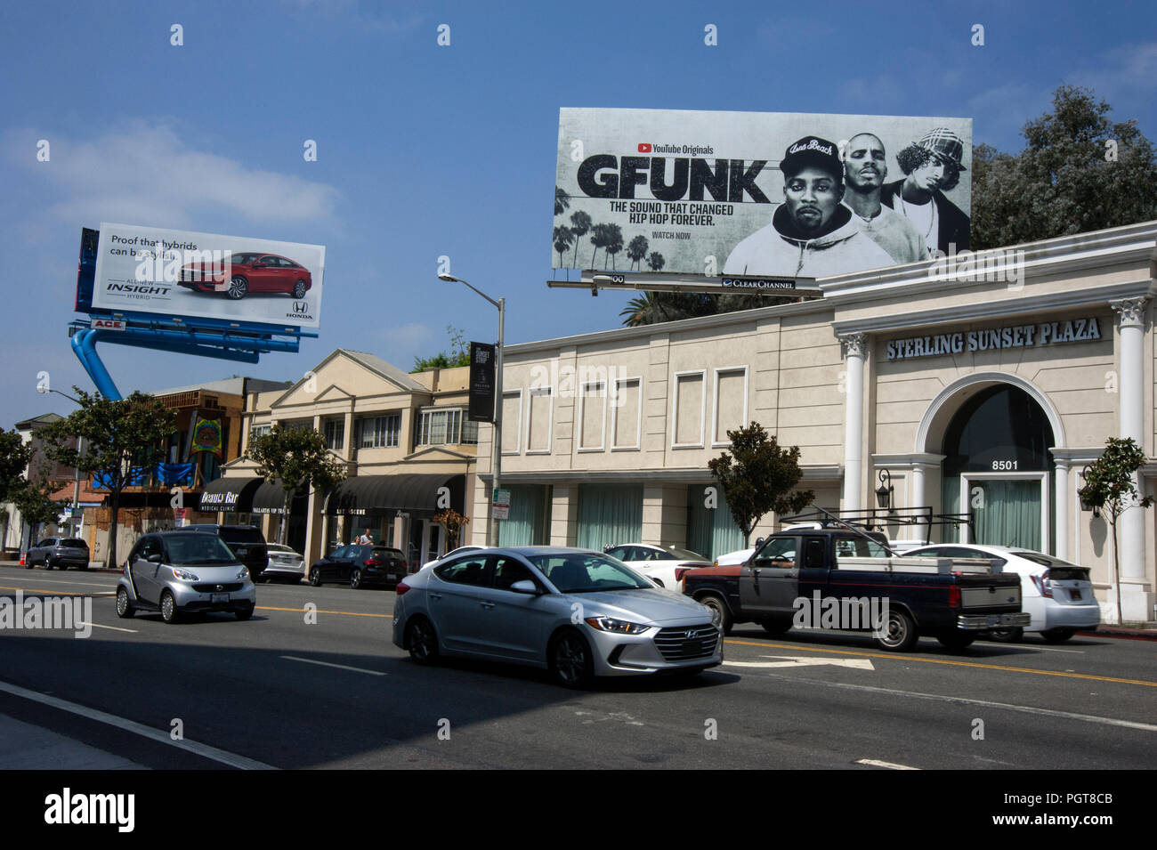 G-Funk Hinweistafel auf dem Sunset Strip in Los Angeles, 2018 Stockfoto