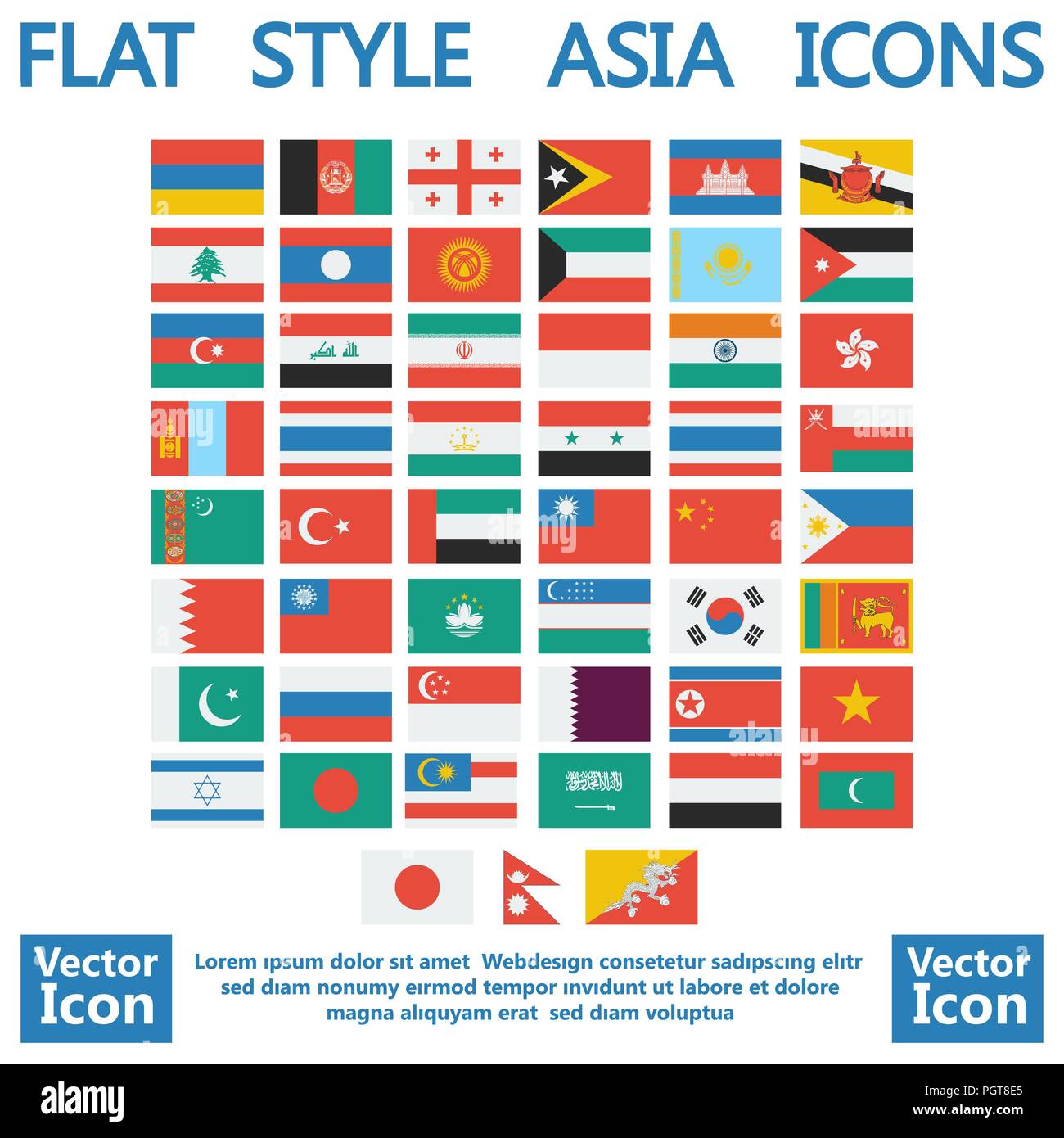 Symbole für Flat Style Asia Flaggen-Sammlung Stock Vektor