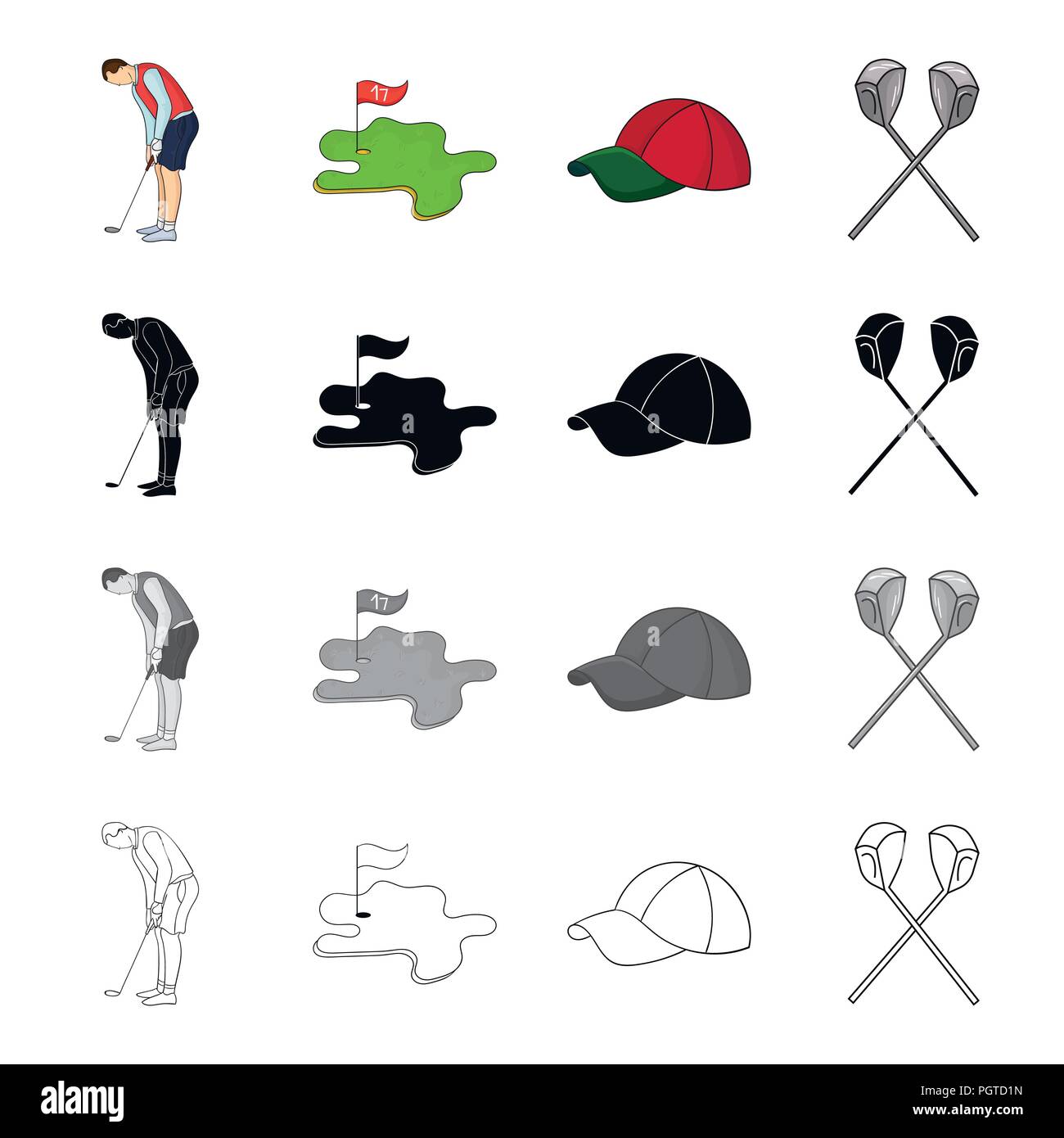 Golfspieler mit Stick, Golfplatz, Kappe, gekreuzt Clubs. Golf Set Sammlung Icons in Cartoon schwarz monochrome Outline style Vektor Symbol lieferbar illustrati Stock Vektor