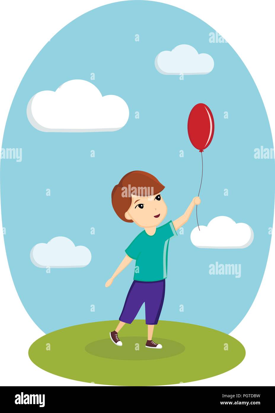 Ein Junge spielt mit einem Ballon auf der Straße. Bild, Vektor, Abbildung, Vorlage. Stock Vektor