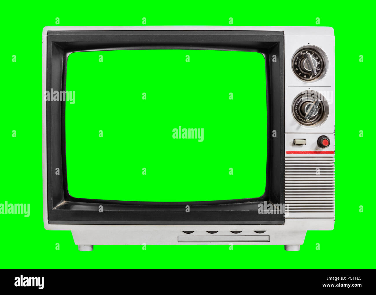Alten Fernseher mit Chroma Green Screen und Hintergrund. Stockfoto