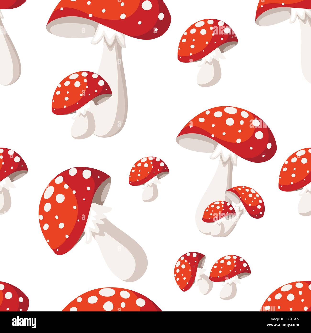Nahtlose Muster. Amanita muscaria Pilze Cartoon Stil. Flache Vector Illustration auf weißem Hintergrund. Stock Vektor