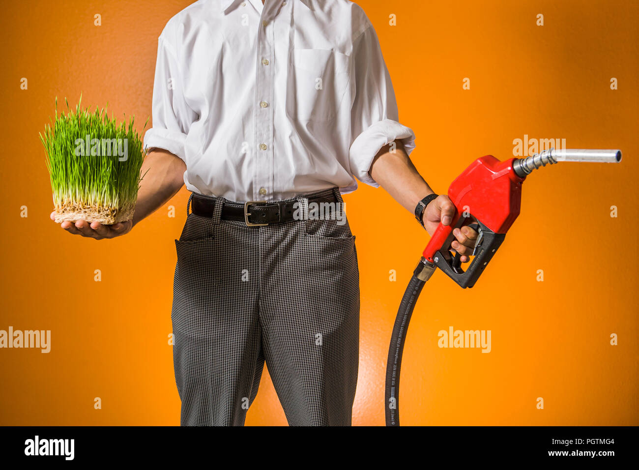 Ein Mann hält eine Flache von Weizen Gras in der einen Hand und eine Benzin Düse in der anderen. Konzept der Biokraftstoffe im Vergleich zu fossilen Brennstoffen. Stockfoto