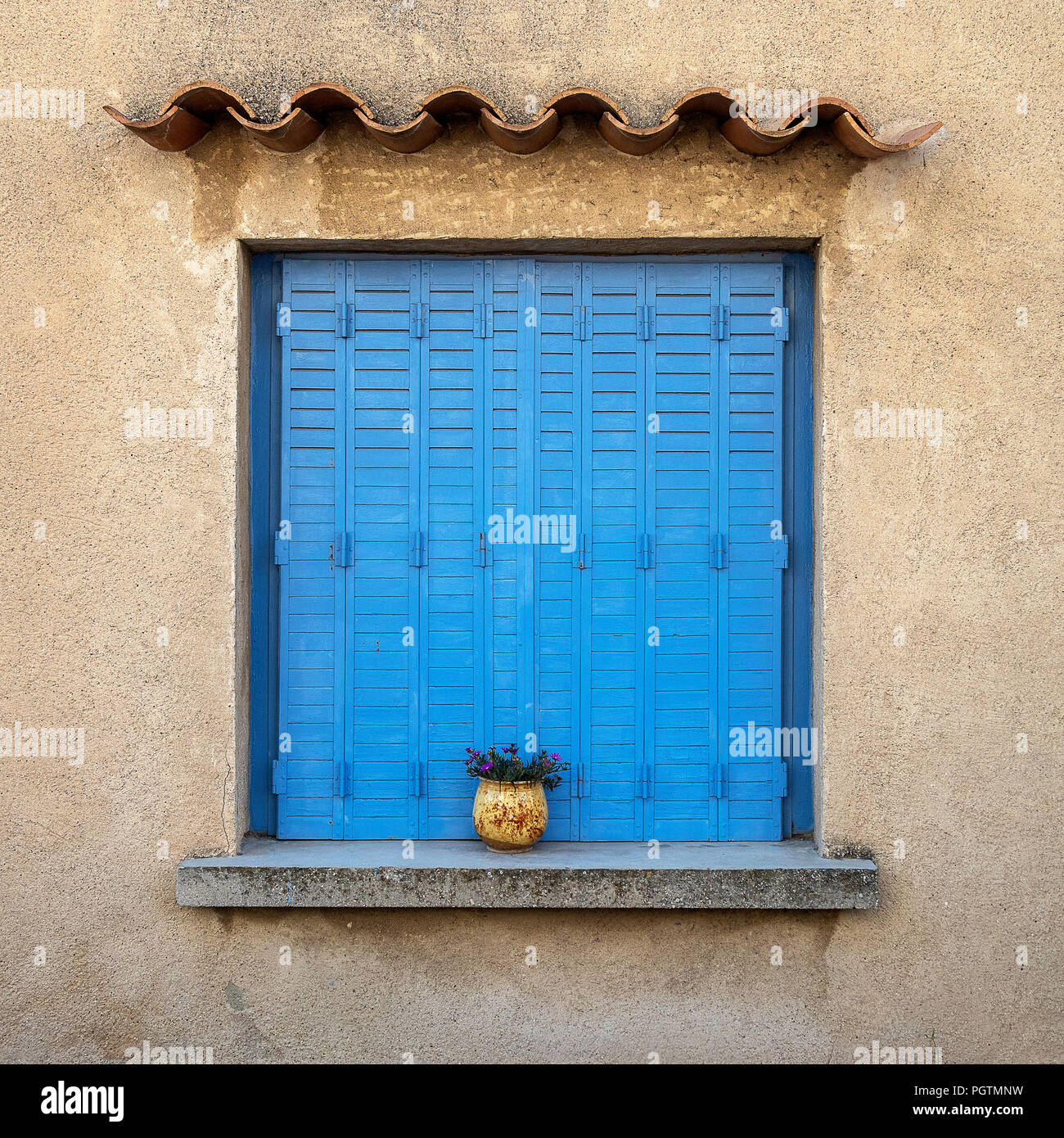 Fenster mit blauem Fensterläden aus Holz und Blumentopf in einem Gebäude an der Avenue de la Widerstand, Sault, Provence, Frankreich Stockfoto