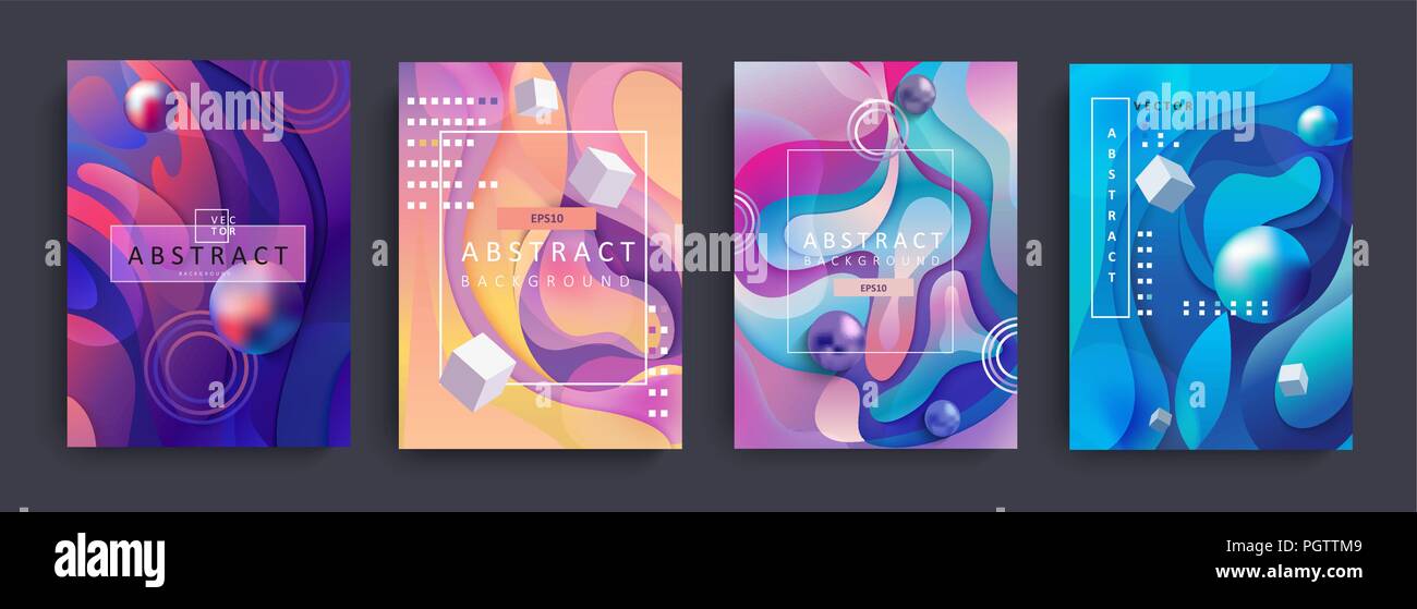 Satz von 4 Abstract Gradient Hintergründe und baners mit gewellten Formen, Kreise, Würfel und Kugeln. Farbenfroh und digitale Kulisse für die Werbung und Vermarktung in dynamischen, Flüssigkeit bildet. Vector Illustration. Stock Vektor