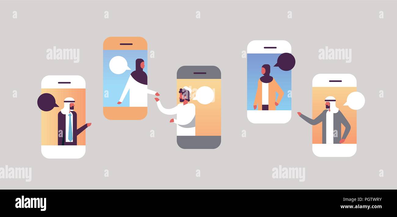 Arabische Menschen smartphone chat Blasen mobile Kommunikation Sprachdialog arabischen Mann Frau Charakter Hintergrund portrait horizontalen flachen Stock Vektor