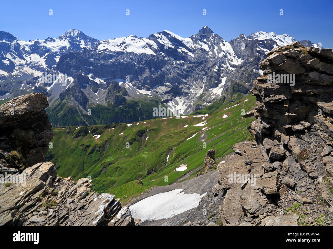 Sommer in den Schweizer Alpen, Mürren, Schweiz Stockfoto