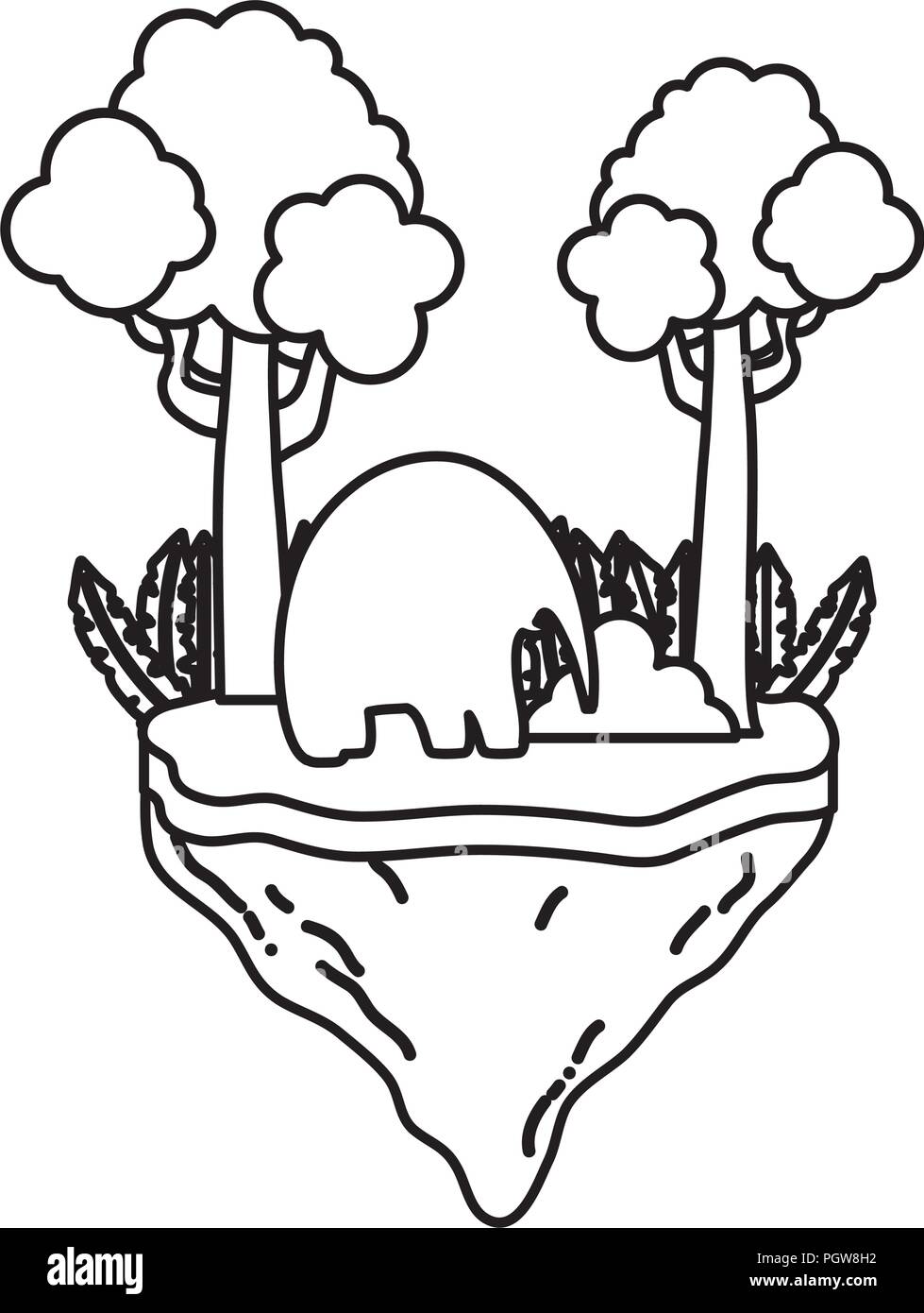 Line Elefant mit Bäumen in der Schwimmstellung Insel Stock Vektor