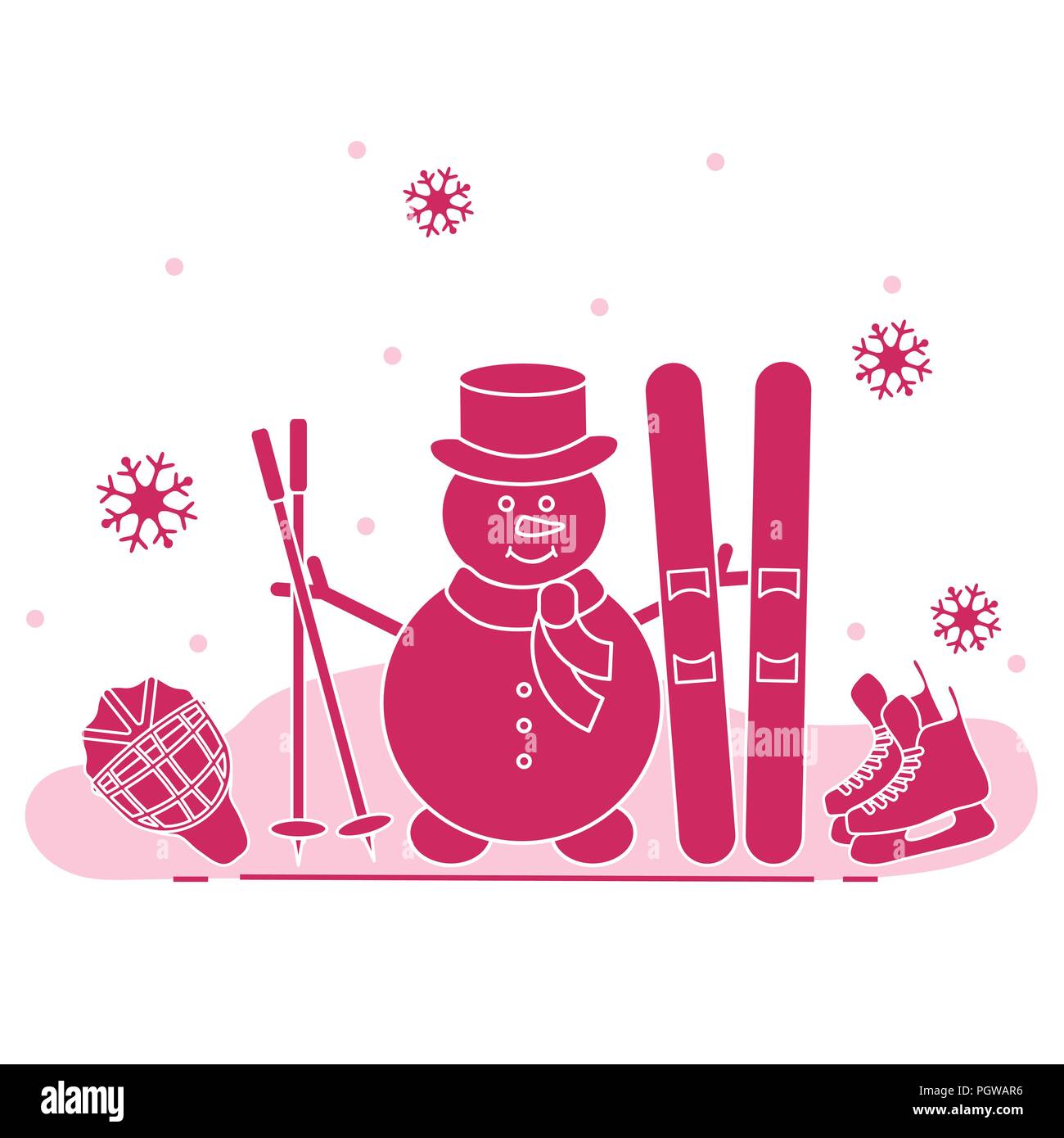 Winter im Freien genießen können. Schneemann mit Ski- und Hockey Ausrüstung. Vektor cartoon Skifahrer Symbol. Design für Werbung von aktiven Lebensstil. Stock Vektor