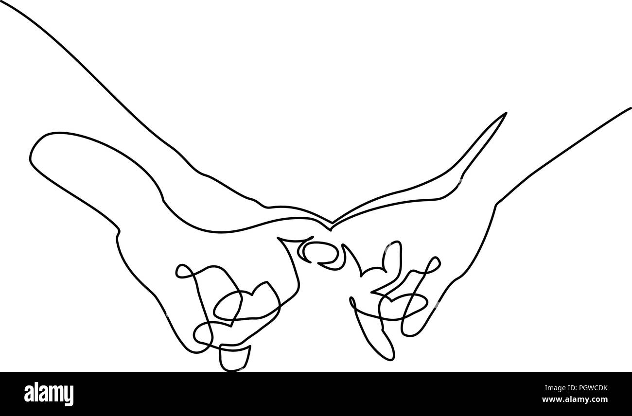 Kontinuierliche eine Linie zeichnen. Hände Frau und Mann zusammen mit der kleinen Finger. Vector Illustration. Konzept für Logo, Karte, Banner, Poster Flyer Stock Vektor