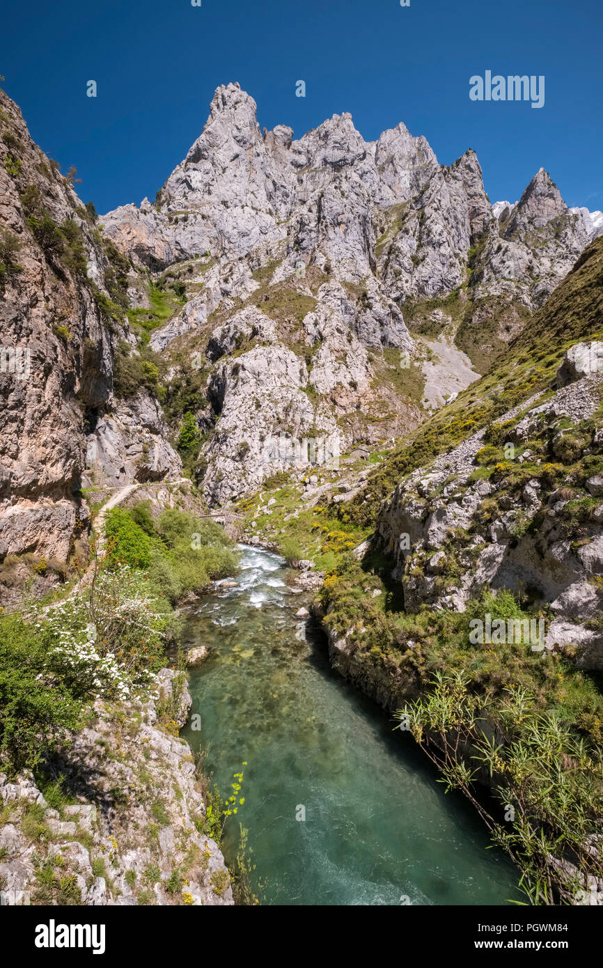 La Ruta del Cares Trail in den Picos de Europa Nationalpark, Rio Cares Fluss, Caín de Valdeón, León, Spanien Stockfoto