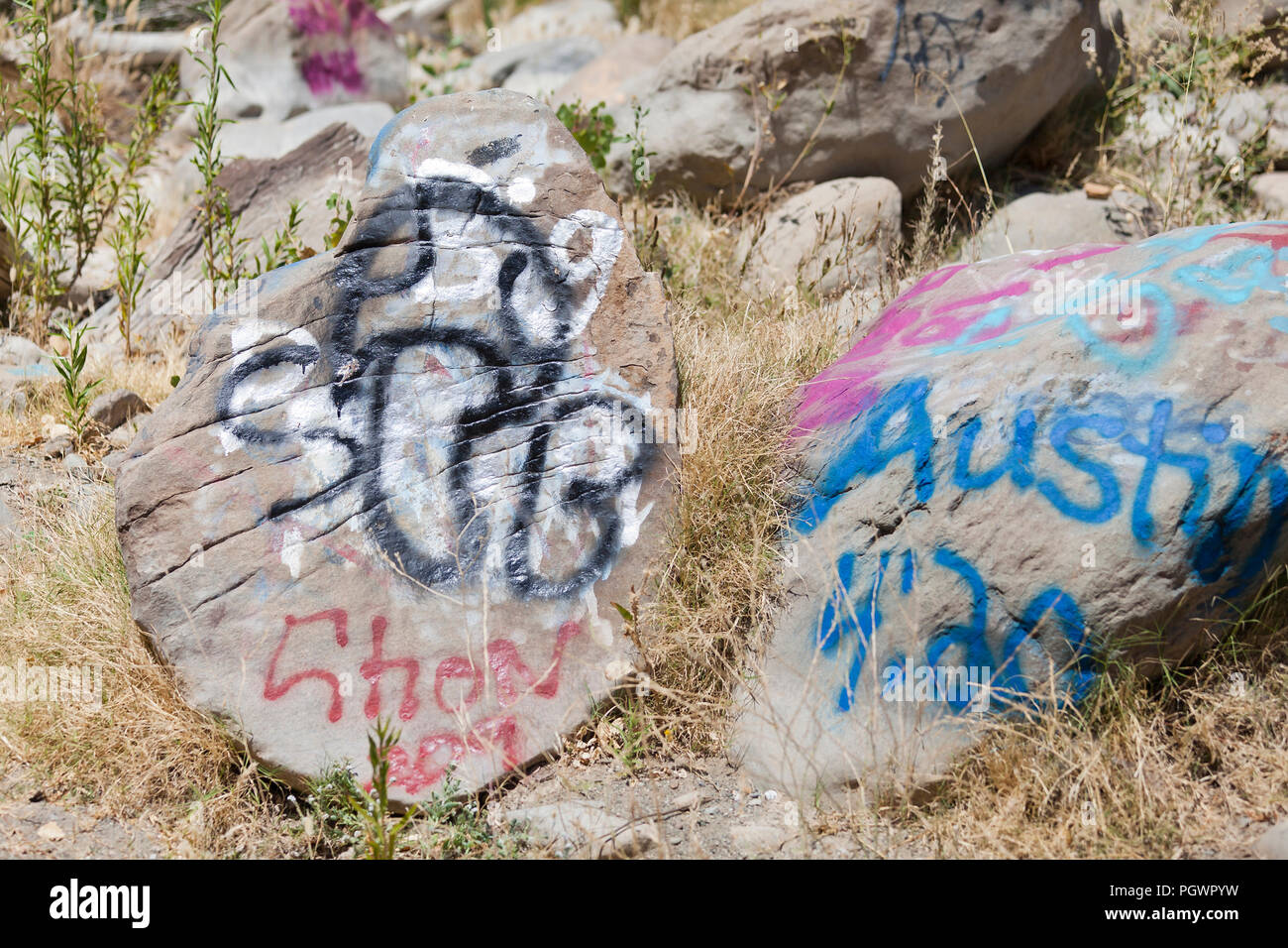 Graffiti auf einem Felsblock (Graffiti in der Natur) - Kalifornien USA Stockfoto