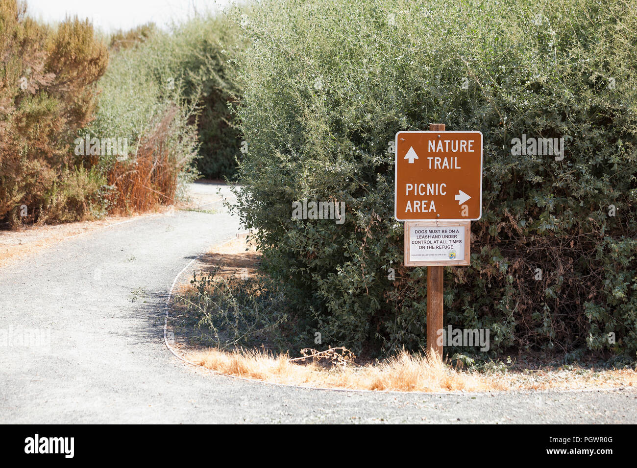 Naturlehrpfad und Picknickplatz sign-San Joaquin River National Wildlife Refuge, Kalifornien, USA Stockfoto