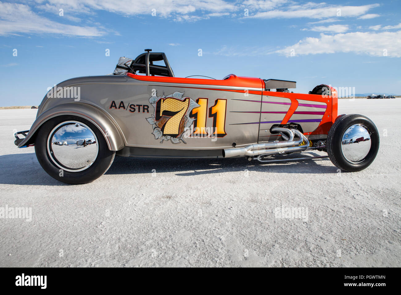 Vintage Rennwagen an der Bonneville Salt Flats International Speedway in der Nähe von Wendover, Utah Stockfoto