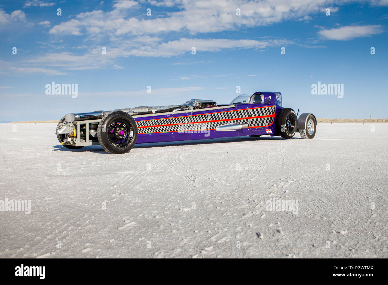 Vintage Rennwagen an der Bonneville Salt Flats International Speedway in der Nähe von Wendover, Utah Stockfoto