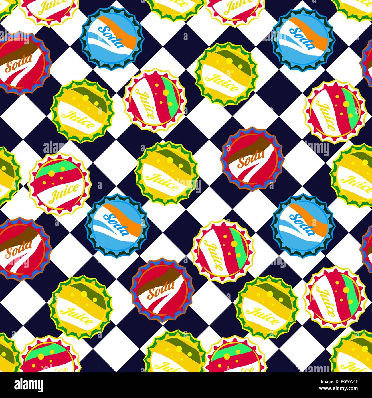 Soda Flaschenverschlüsse Muster Vektor auf Blau-weiß karierten Hintergrund. Stock Vektor