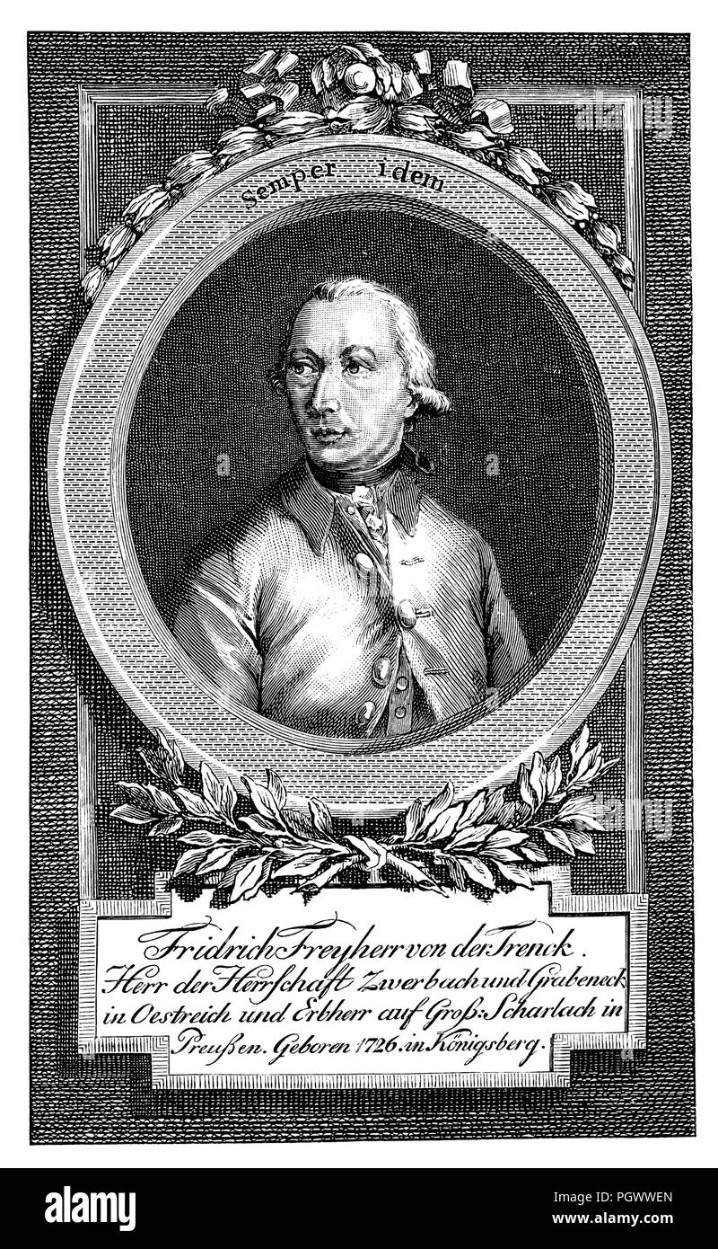 Friedrich Freiherr von der Trenck (geboren am 16. Februar 1727 in Neuhaldensleben, † 25. Juli 1794 in Paris), preußischer Offizier, Abenteurer und Schriftsteller, Stockfoto