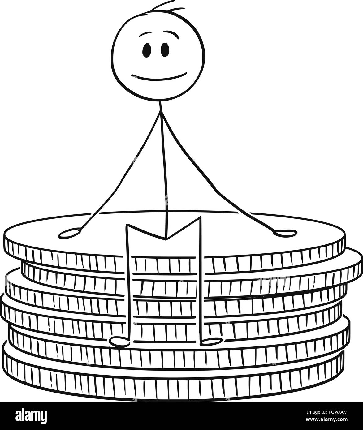 Cartoon von Mann oder Geschäftsmann sitzen auf kleinen Stapel Münzen Stock Vektor