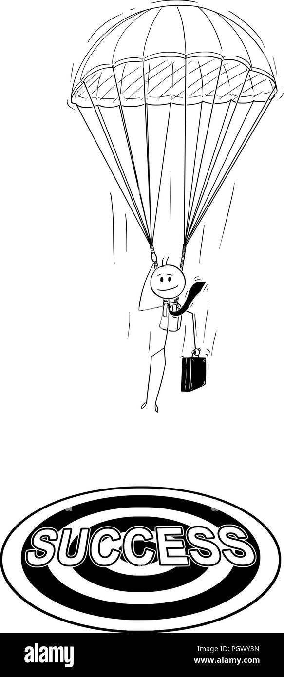 Cartoon von Skydiver Geschäftsmann mit Fallschirmlandung auf Erfolg Ziel Stock Vektor